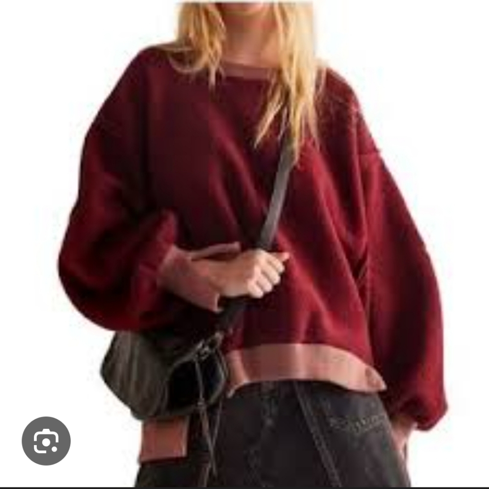 We The Free Oversized Burgundy Sweatshirt with Dusty Pink Trim